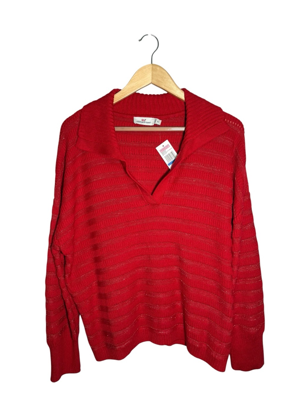 Vineyard Vines NWT Red Metallic Stripe Polo Collar Pullover Sweater Size XL